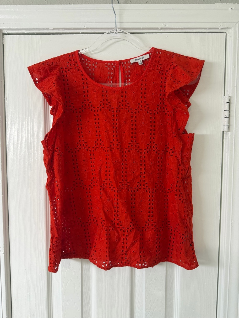 Madewell Red Eyelet‎ Flutter Sleeve Top Size Medium 100% Cotton Boho Cottagecore